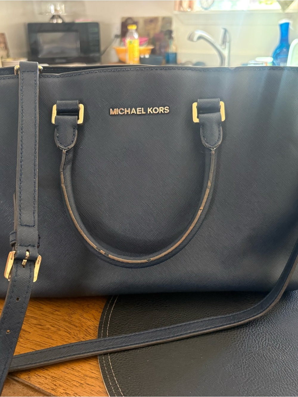 Michael Kors Navy Leather Satchel with Gold Hardware